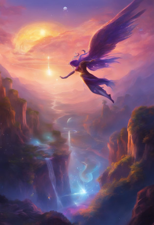 Crie uma imagem de fantasia ao seguir o seguinte texto descritivo: The Aerites are humanoid animals that possess a unique ability to manipulate the ethereal currents around them. Instead of flying like atmospheric beings, they are able to move and move through these purple currents of the Aether in a fluid and controlled manner. Through a combination of control and innate sensitivity to the subtleties of the Aether, Aerites can glide and navigate the ethereal space with elegance and precision.

They are exotic in appearance, e suas asas membranosas, em vez de ser usado para apoio em um sentido tradicional, are adapted to capture and direct ethereal currents. These currents are like rivers of energy flowing through the Aether, and the Aerites are able to use their wings to take advantage of these chains and move with grace and agility.

Em vez de bater asas para voar, os Aeritas realizam movimentos sutis e coordenados das asas, adjust its position and angle to interact with ethereal currents, in order to increase or change its direction. They are able to perceive the different speeds and intensities of the currents, permitindo-lhes navegar habilmente pelo Ether.

Essa forma de voo peculiar dos Aeritas lhes confere uma liberdade de movimento sem igual no Ether. They can travel in any direction, deslizando lateralmente, rising or falling in the ethereal currents as they wish. This ability to move fluidly and the ability to harness the energy currents of the Aether are central features of your evolutionary adaptation to the unique environment of your world.
