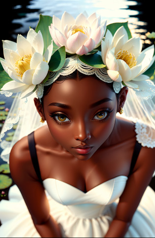 Masterpiece, top quality, single, (thin: 1.15), (shorts: 1.15), and (curvy) woman (dark skin: 1.11), full body, (close-up: 1.1), high angle and (white wedding dress), (perspective: 0.6) white wedding dress), bridal gloves, (perfect face: 1.1) intricate (high detail: 1.1) figure, raised eyes, lips, background is a pond, lush lotus flowers, falling lotus flowers, falling lotus flowers, falling lotus flowers, falling lotus flowers, falling lotus flowers, Li Butterflies, Fireflies, Author: Nikon D850 Film Photo by Jeffries 4 The Kodak Portra 400 camera f1.6 lens is colorful, the texture is ultra-realistic, and the lighting trend is dramatized on the Unreal Engine art station cinestil800