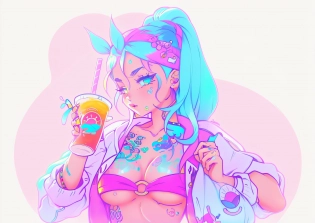 a woman with a tattoo on her chest holding a drink, soda themed girl, loish art style, anime girl drinks energy drink, 8 0 s anime art style, 9 0 s anime art style, loish | , candypunk character design, 8 0 s anime vibe, in the art style of 8 0 s anime, mix of aesthetics, 8 0 s anime style