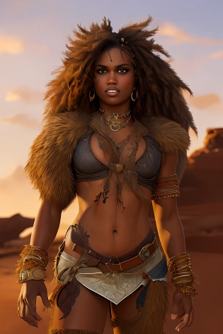 Masterpiece, highest quality, details, brown Puerto Rican female, werewolf, desert landscape, aggressive expression, game character, wearing fur, realistic, warrior, young