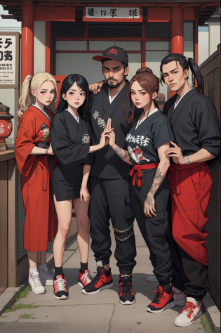 cartel drug dealers family portraits badass selfies of traditional female japanese geshia gangs females gang members mob syndicates gang baggy sagging trap sumpreme streetwear at a japane shrine raisng hands gang signs ofensive V signs