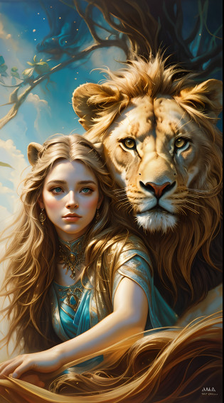 Painting of a girl and a lion in a forest, Graphic artist Magali Villeneuve, pintura de fantasia realista, retrato da arte da fantasia, Magali Villeneuve�, arte de fantasia realista, realistic fantasy illustration, retrato bonito da arte da fantasia, retrato da fantasia, arte digital fantasia arte, retrato bonito da fantasia, Arte de Fantasia, arte digital fantasia, Magali Villeneuve e Monet