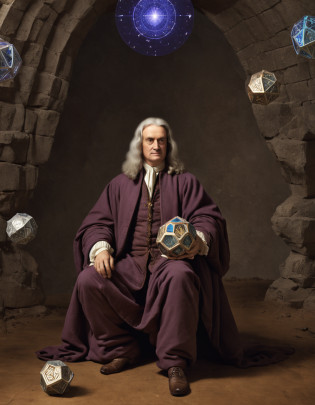 Pintura de Isaac Newton como um ((feiticeiro)), ((roupas de mago)), Geometria sagrada, floating Platonic solids, Sol, geometria flutuante, hemerismo, Sun symbol, hermetic, Hermetic symbols, (master part), (melhor qualidade), ((vista frontal)), arte Boris Vallejo, Syd Mead.