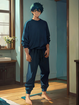 (best quality, masterpiece), 1boy, handsome, 17 years old, athletic, bedroom blurry background, full body, standing, green eyes, slight smile, athletic body, royal blue hair, ((black bathribe)), ((long blue sweatpants)), barefooted