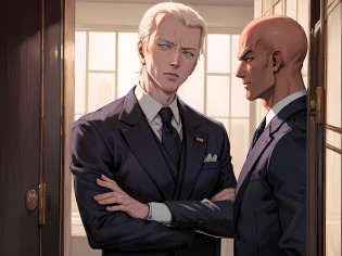 anime image of two men in suits standing in a hallway, agent 47 in a scene from naruto, joe biden as a jojo character, goro and kunkle, highly detailed exquisite fanart, joe biden as an anime villain, anime joe biden, bald head and menacing look, epic and classy portrait, omen from valorant, two anime handsome men