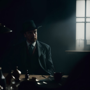 arafed man in a hat and coat sitting at a table, film promotional still, still from the film, film still promotional image, production still, peaky blinders (2018), dimly lit scene, cinematic lighting + masterpiece, stunning moody cinematography, still from a movie, dramatic film still, still from the movie, film still dnd