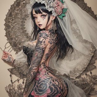 realistic, super photo realistic illustration, highres, ultla detailed, absurdres,
extremely beautiful lady, (off shoulder:1.3), (delicate paper cutting art:1.5), (zentangle:1.3),
(ultra detailed mouse tattoos on her back, tattoo fused with mouse, body paintings:1.5),
(ultra detailed mouse tattoos on her back, tattoo fused with mouse, body paintings:1.5),
(ultra detailed mouse tattoos on her back, tattoo fused with mouse, body paintings:1.5),
(gothic girl dress decorated many jewelries,frills, traditional Japanese wearings with frills, ultra detailed embroidery dress, goth, gothic lorita, frills, frills, frills, white lace veil, gothic bonnet decorated many flowers:1.8), (traditional Japanese ornaments, rabit ears:1.8), 
beautiful long hair blowing in air, hair ornaments with jewelries and light chains,
dynamic pose, action pose, open pose, dynamic angle, (full body:1.2),