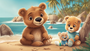 crie um urso na beira da praia , com uma bola azul e um gatinho branco ao lado, estilo desenho para livro infantil
