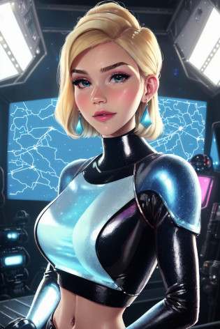 (dreamlikeart style:1.0),( redshift style:1.2),(analog style:1.2), (studio_ghibli_anime_style style:0.9), (copeseethemald style:1.1),(thepit bimbo:1),(glossy sexy bimbo:1), masterpiece, hires,

([Gwen Stefani|Emma Watson]:1.2), young woman, 1girl, solo, fashion, shiny transparent jacket, 
latex crop-top, beautifully detailed blue_eyes, smile, short hair, blonde_hair, black gloves, fist,
intricate spaceship, iridescent, chromatic aberration, medium shot,

(psychedelic color:0.7),

cover art, illustration, studio shot,

skin pores, realistic skin, athletic,
smooth skin, subsurface skin scattering, shiny skin, shiny_skin, realistic proportions,
choker, earrings, eyelashes, eyeshadow, lips, lipstick, jewelry, makeup, nose, parted_lips, dancing, navel,
spaceship, futuristic, aliens, galaxy, stars, space, sci-fi, map, lasers, robots,