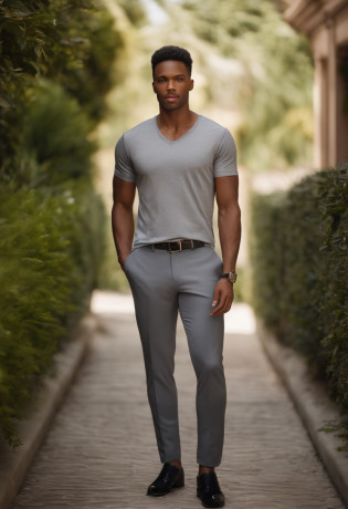 Jordan Barret model, light grey T-shirt, formal pants, formal pants, pov 1:5