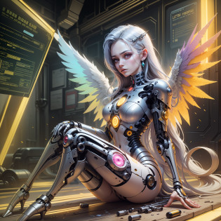 Princess Celestia, Princess Celestia Cyborg Girl, Princess Celestia from my little pony, Bio organism, Not a person, Mechanical parts, Straight hair, Lush hair, long hair, Sparkling hair, bionic parts of the body, Missing skin, Completely cyborg, Cybernetic organism, Mechanical arms, Mechanical legs, Mechanical white wings, Wings made of metal, burgundy eyes, red glowing eye, Full Growth, Full Body, Very detailed, Ultra 8K Quality, Broken parts, Holes in the mechanisms, not a living organism, Runes and Yellow Magic, a lot of yellow and white, Blue backlight, Sun Earrings, A lot of magic, Light Cyber Weapons, The sun, CyberAnk Kingdom, castle