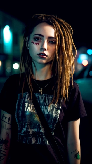 Photo of a beautiful dreadlocks girl wearing a rockstar t-shirt on the street, goth style makeup, dramatic lighting, photorealistic, Kodak Portra 800, 8k --ar 9:16 --v 5