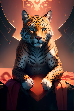 There is a big leopard sitting on a bed with a heart, 8k arte detalhada de alta qualidade, Arte digital detalhada em 4k, de Anthro Leopard Warlock, Arte digital altamente detalhada em 4k, 8k arte impressionante, baixo detalhamento. pintura digital, pintura detalhada 4K, manchado ultra realista, Trending in ArtStation 4K, Arte Digital 4K, stunning digital illustration