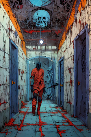 Dead nurse on hospital floor bombarded blood by the walls and dripping down the ceiling, next to the woman's body a dog made of bones devouring her flesh , war, horror, cosmic terror, dark tones, morbid atmosphere, nuclear disaster, dystopia, catastrophe, mysticism, occultism, creepy, nightmare, blood, Apocalypse, Lovecraft, Anime by Kilian Eng