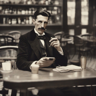 cinematic photo of genius Nikola Tesla sitting in a caf� holding a Smartphone. Roupas Pretas dos anos 1940. fotografia 35mm, foco n�tido, Film, Bokeh, profissional, 4k, altamente detalhado