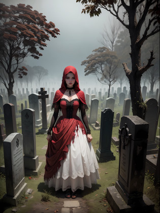 Noiva morta viva, vestido manchado de sangue, macabre cemetery scenery, em volta uma neblina sombria --auto