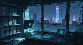 There is a desk with a computer and a monitor in a room, atmosfera cyberpunk, cyberpunk setting, vibe cyberpunk, cyberpunk themed art, estilo de arte cyberpunk, aesthetic cyberpunk, Cyberpunk aesthetics, O apartamento cyberpunk, arte de anime cyberpunk, cyberpunk vibes, Fundo Cyberpunk, apartamento cyberpunk, in cyberpunk aesthetic, cyberpunk dreamscape, quarto adolescente cyberpunk, ambiente cyberpunk, arte digital do anime cyberpunk