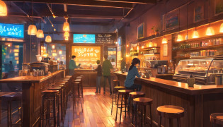 (neon-lit night scene),(low-fi coffee shop),(vibrant colors),(detailed coffee cup),(reflections on the table), (nostalgic vibes), (artistic painting style),(cozy atmosphere), (realistic textures), (coffee aroma in the air), (people chatting and laughing), (street view), (soft shadows), (dark alleyway), (city lights), (rainy weather), (raindrops on the windowpane), (blurred background), (decorative interior design), (aesthetic vibe), (indoor plants), (glowing neon sign), (barista preparing coffee), (smoke from the coffee machine), (an artistic slow-paced moment), (customers enjoying their drinks), (latte art), (music playing in the background), (steaming hot coffee),(floral patterned plates), (warm color tones), (cozy seating arrangement), (rustic wooden tables), (intimate ambiance), (bokeh lights), (candid moments captured), (artistic lighting effects), (dreamy atmosphere), (stylish bar counter), (traces of coffee spills), (artwork on the walls).