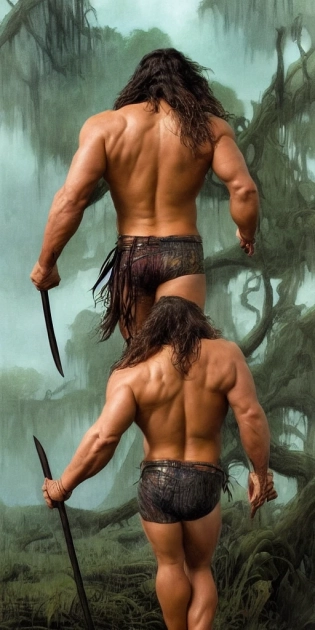 (Masterpiece) �A realistic image of Jason Momoa, like Tarzan style, back view of the hero facing a giant Cocodrile in a swamp holding a knife in hand stylized, painting by Frank Frazetta, perfect detailed 3d render, octane render, Isometric. their body is a symmetrical perfection, handsome man, dynamic pose, awesome full color, hand drawn, dark, gritty, highly detailed, vibrant background, photorealistic light hair, full body, cover,