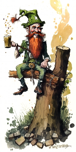 an ugly leprechaun with a red beard and a mug of beer in one hand is beating himself by a stick in another hand sitting on a stump in the forest, a watercolor illustration in style of Herluf Bidstrup for St. Patrick's Day, Weird Al Yankovic, taken in the mid 2000s, grainy, taken on a 2000s Camera, realistic, hyperrealistic, very realistic, highly detailed, very detailed, extremely detailed, detailed, digital art, trending on artstation, headshot and bodyshot, detailed face, very detailed face:: --ar 1:2 --v 4