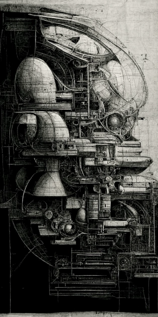 Leonardo dav vinci intricate full page scan blueprint of concept art spacecraft, with gun emplacements on grey paper sketch ink style with dark background :: ultra-detailed technical precision :: mixed media with white and silver lines, realistic composition, point of interest at golden ratio, light from right, more darkness on the bottom, monumentally art composition, high quality of sketching with subtle hairlines, highly detailed rounded forms, inside out and outside in, octane render --ar 1:2