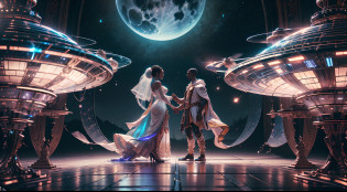 Happy African man marrying African woman both wearing African designed clothes, marriage ceremony on an  futuristic african designed spaceship, surrounded by a celebrating congregation all in african designed clothes, African designed drones above them spraying shinning particles in air, african designed spaceship full of African designed instruments, african designed sculptures, pots, night time, moon and stars shining, with iridescent light, photorealistic image, 32k, ultra HD, cinematic lighting, artgerm style, --auto --s2
