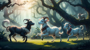 Watercolour and ink, children's book illustration. Joyful goats playing happily with each other, dancing and having fun, in a magical forest. Whimsical, funny, comical, happy. Soft happy palette of colours. Highly detailed.