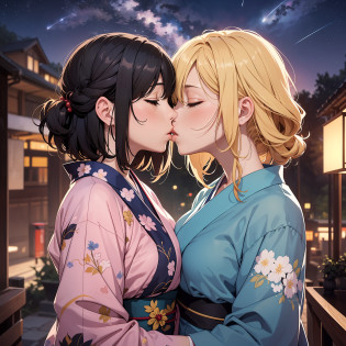 Anime couple in kimono kimono Kimono kimono and kimono kimono woman kimono, anime style 4 K, anime wallpaper 4 K, anime wallpaper 8 K, 4K anime wallpaper, anime art wallpaper 4 K, anime art wallpaper 4K, 4K manga wallpaper, Gwaitz, Los Tran and Makoto Shinkai style artwork, female and female couples hugging each other as the starry sky sparkles, (kiss:1.5), Capture the moment of exchanging kisses. Women wear yukata that shows their chests,  The scene is depicted in an anime-inspired style, meticulously drawn in every detail and presented in 16k high resolution. The lighting is fantastic, with the intersection of starlight and moonlight, softly illuminating the couple. The colors take advantage of the contrast between the vivid colors of the yukata and the deep blue and white of the starry sky. For compositions, use a medium telephoto lens and make sure the couple is centered on the screen. , shooting stars, detailed facial details