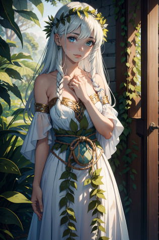 Evelyn  garota de 16 irradia uma beleza serena e natural. Seus cabelos castanhos fluem em ondas suaves, adorned with hand-woven wreaths that emphasize their connection to the earth. Seus olhos verde-esmeralda espelham as profundezas de uma floresta tranquila. Evelyn's costume often echoes her Druidic call, with clothes made of organic materials and adorned with leaves and vines. His calm presence and gentle smile invite others to share his peace.