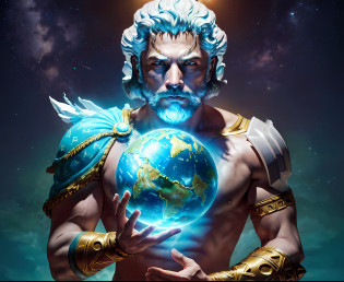 arafed man holding a globe in his hands with a planet in the background, the god zeus, greek myth digital painting, greek god, furious god zeus, the creator of earth, portrait zeus, elon musk as a greek god, portrait of greek god ares, zeus, the god poseidon, emperor of the known universe, god of moon, earth goddess mythology