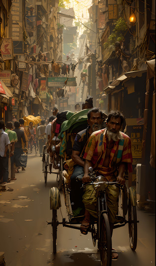 arafed man riding a rickshaw down a crowded street, old dhaka, streets of calcutta, dhaka traffic, calcutta, on an indian street, streets of mumbai, bustling city, bangladesh, crowded street, crowded streets, busy street, shutterstock, busy streets filled with people, crowded city, india, in busy city, busy streets, bustling with people
