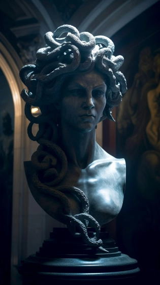 Fierce and angry Medusa bust in a very dark corner of a medieval castle hall, dark, horror, macabre, intricate design, and details, dramatic lighting, hyperrealism, photorealistic, cinematic, 8k