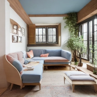 High resolution photography interior design, dreamy sunken living room conversation pit, wooden floor, small windows opening onto the garden, bauhaus furniture and decoration, high ceiling, beige blue salmon pastel palette, interior design magazine, cozy atmosphere; 8k, intricate detail, photorealistic, realistic light, wide angle, kinkfolk photography, A+D architecture