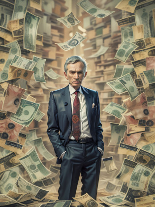 Bernard Arnault: A detailed painting of an outsider in a suit, Surrounded by a barrage of dollar bills, Aim for a?Financial freedom formula?One book as the center.