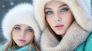 Two young women wearing furry hats and blue eyes in the snow, com pelo azul e olhos azuis, gelo-azul-olhos, menina com orelhas de raposa, olhos azuis de gelo, symmetric azure eyes, beautiful gemini twins portrait, olhos azuis hipnotizantes, symmetric bright eyes, Olhos azuis azuis, beautiful highly symmetric faces, com olhos azuis, olhos azuis e cabelos loiros