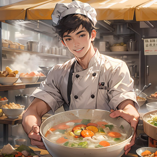 A young handsome male chef stands next to a snack cart?With a smile on his face?Holding a bowl of clear soup in his hand?Detailed close-up of the face?in the style of the stars art group xing xing, 32K, Best quality, Masterpiece, Super detail, High details