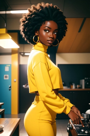 1 young female , happy, dark skin tone, afro hair, yellow turtle neck sweater, yellow and cyan tone, 1970, hip pop, huge ear ring, Bell-bottoms, flares (35mmstyle:1. 1), front, masterpiece, , cinematic lighting, (photorealistic:1. 3), high frequency details, 35mm film, (film grain), film noise, kodak proimage 100, depth of field , bokeh