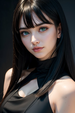 RAW photo, face portrait photo of beautiful young female with long sleek black hair with bangs ((flat bangs)), green eyes, 18ish girl, beautiful face, wearing black dress, smile face, closed mouth, not looking at viewer, hard shadows, cinematic shot, dramatic lighting.(Ultra Realistic), (Illustration), (Increased Resolution), (8K), (Extremely Detailed), (Best Illustration), (Beautiful and Detailed Eyes), (Best Quality), (Ultra Detailed), (Masterpiece ), ( wallpaper), (detailed face), solo, 1 girl, mature, age 25,looking at viewer, fine details, detailed face, in the dark, deep shadows, low key, pureerosfaceace_v1, smiling, long hair, black and white, shawl straight hair , 46 points oblique bangs, masterpiece, best quality, 35mm, 8k, absurdres, beautiful girl, (upper body, dark grey background:1.4), (black classical dress, black hair:1.6), slender, dark studio, rim lighting, ultra realistic, highres, photography, film grain, chromatic aberration, depth of field, sharp focus, HDR, facelight, dynamic lighting, cinematic lighting, professional shadow, dark shadow, highest detailed, extreme detailed, ultra detailed, finely detail, real skin, delicate facial features, detailed face and eyes, sharp pupils, realistic pupils, long black hair with bangs, black hair top, white hair undercolor, Split Hair Two Tone , Split Hair Two Tone black and white color hair,black hair, white hair, mix hair color,green eyes, white hair  emerald eyes. white hair, platinum hair color, green eye, green pupil.