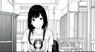 ?masterpiece, top-quality, (1girl in), tshirts, A slight smil, backpack, A dark-haired, Black eyes, cyberpunked, monochromes, line-drawing??Classroom