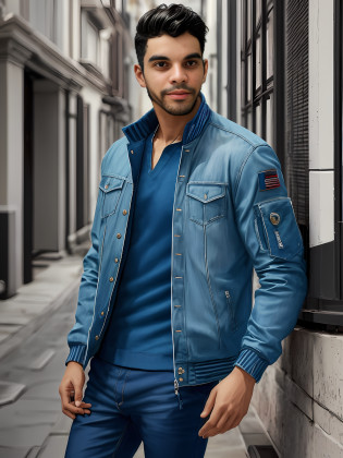 Man in blue jacket in front of a building, 6k resolution, roupas de couro, jaqueta bomber de couro, roupas de couro, Mais vendidos, usando uma jaqueta de couro, incrivelmente realista,homem com uma camisa branca e uma jaqueta azul, icaro carvalho, caio santos, imagem frontal, david rios ferreira, edu souza, Directed by: Nandor Soldier, Foto realista, mateus, Henry Alvim Correa, (34 anos), arte digital,Carmelo Blandino, Alejandro, Jaqueta azul, vestindo uma jaqueta bomber, Casual inteligente, couro, roupa de couro azul-marinho apertado, extremely realistic, altamente realista, sorriso discreto, homem, vestindo jaqueta azul, 4k, excelente qualidade , imagem detalhado, artstation, 6K resolution plus HD