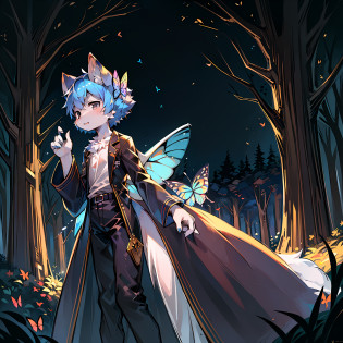 (Dark Environment: 0.8), Masterpiece, High Quality, Abstract Res, Digital Painting\(artwork\), by Dagasi, Yupa, Kiyosan, (Anthro, Fluffy Fur, Character Focus: 0.5), Anthro Male Fox, Butterfly, Short hair, fairy wings, portrait, flying, with butterflies surrounded, bright eyes, panorama, character focus. (Detailed background: 0.7), Solo, Furry, Furry Male, Male Focus, Anthr, (Full body fur, Fluffy tail, Pure white fur, Black eyes, Sky blue hair: 1.2), (Long canine, white top, wings: 1.2), (Wild, Forest, Butterfly, Firefly: 1.5), Junior, Forest background, Butterfly wings, Flying stance, Lots of butterflies around