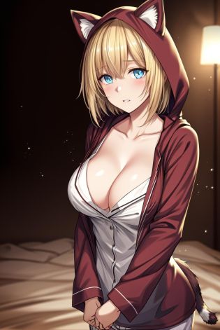 (Highres), (Detailed Illustration), Ultra-Detailed, Ambient Light, Backlighting, Realistic Shadows, Glowing Particles, Light Particles, Digital Art, Soft Light, Soft Lighting, Reflections, Detailed Face, (Detailed Hair:1.2), Dim Lighting, Indirect Lighting, Reflections, Detailed Face, (Detailed Hair:1.2), (masterpiece:1.4), (best quality:1.4), (Beautiful Breasts:1.4), (beautiful face:1.4),
(1girl:1.4),
upper body, cowboy shot,
bataan_comfy_cotton_jammies_\(azur_lane\), (standing:1.3), arm behind,
(animal costume:1.2), animal ears, animal hood, bangs, blonde hair, blue eyes, cat costume, cat ears, cat hood, brown cat tail, collarbone, drawstring, eyebrows visible through hair, fake animal ears, fake tail, hood, hood up, hoodie, long sleeves, looking at viewer, (pajamas:1.3), parted lips, short hair, slippers, solo, tail, white footwear,
(simply background:1.4),
<lora:Bataan_LoRA:0.6>,
<lora:more_details:0.5>,