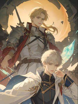 ((top quality, masterpiece)), (two men), (amid the ruins, silence drifts. There stands a beautiful man wizard with blonde long hair in a white robe. His robe has worn out, but has not lost its elegance. His face is filled with the light of knowledge and power, and his eyes shine with magic. He holds a wand in his hand, and a faint magical energy leaks out of it. Beside the wizard stands a fearless short-haired black-haired male knight dressed in black armor. His armor is riddled with scratches, and traces of combat emerge. A stern expression is carved on the knight's face, and his eyes shine sharply. In his hand is a sword, the blade of which burns with fighting spirit. They are looking at each other. The walls of the ruins are carved with ancient characters and paintings. The surrounding ruins consist of decaying walls and crumbling pillars, creating a mysterious atmosphere. ), watercolor, otaku gangasta, Sirius A and Sirius B, from high quality fan art, fantasy, and cryptid academia, epic anime style, detailed fan art, illustrations, Akihiko Inoue and Los Tran, flowers, smiles,