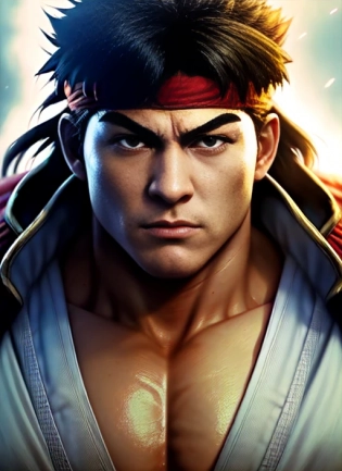 Street Fighter, video game characters, Ryu, highly detailed face by greg rutkowski and magali villanueve, cinematic lighting, Hyperrealism, photography,