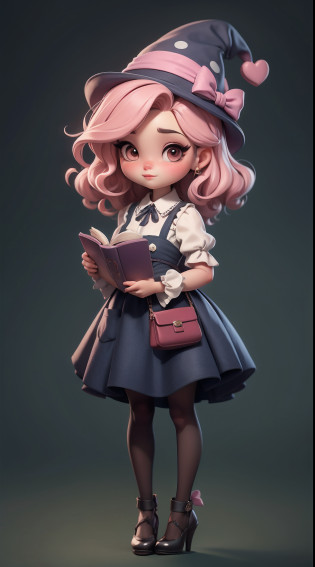 Create a series of chibi style dolls with a cute halloween theme, each with lots of detail and in an 8K resolution. All dolls should follow the same solid background pattern and be complete in the image, mostrando o (corpo inteiro, incluindo as pernas: 1.5)

Boneca Aprendiz de Bruxa: Chame-a de Mia. She should have medium wavy hair in a shade of light brown. Seus olhos devem ser grandes e curiosos, with long eyelashes and slightly pinkish cheeks. Mia should be dressed in a colorful dress and a polka-dot blouse and a delicate and beautiful hat. She must hold a mini cauldron and an open book. Add details like pockets and ruffles to the apron to make it even more charming, sapato bonito

Certifique-se de adicionar sombras, texturas e detalhes nos cabelos, roupas, Cute Halloween utensils, to make them even more adorable and charming.