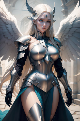ethereal female warrior archangel, hauntingly beautiful, long blonde hair, pale skin, blue eyes, symmetrical features, thin features, narrow features, angelic features, armored wings, elegant features, bronze plate armor with silver pauldrons, fantasy, d&d, dynamic pose, full body, realistic, fine details, photorealism, cinematic, 8k, hyperdetailed, ultra detailed