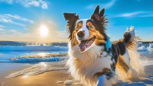 "Embrace the Coastal Harmony: Witness the Australian Shepherd's playful bliss against a backdrop of a sun-kissed beach and a shimmering blue ocean. "