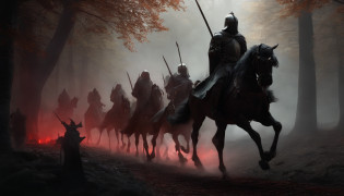 A group of undead knights riding skeleton horses actually walked through the valley towards the audience?Undead?Crusader pitch-black armor?(red�eyes)?Skeleton horses with rotten flesh?fantasy world?medieval times?A dark forest that glows with glows?horror atmosphere?uncanny?High-precision details?HD?8k?lord of the ring