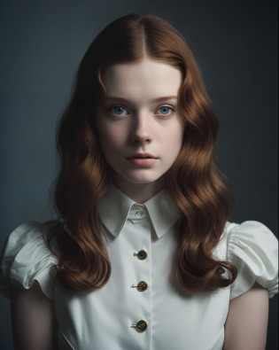arafed woman with red hair and blue eyes wearing a white blouse, refined editorial photography, editorial portrait, sardie sink, elle fanning portrait, fine art portrait photography, fashion model portrait, monia merlo, by Emma Andijewska, soft portrait shot 8 k, by Andrei Kolkoutine, pale porcelain skin, editorial photography, portrait of a beautiful model,  Alice inspired dress in wonderland (Ultra-realistic image), (Hair in high quality), (Body in high quality), UHD Photography