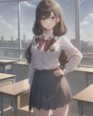 girl, happy, wavy hair, hair over one eye, twintails, brown hair, best girl hair, school uniform, school desk, school chair, blue shirt, hand on hip, classroom, pleated shirt, skirt, window with blue sky clouds and school buildings. anime, professionally color graded, HDR, anime faces, 1girl, Artgerm, Greg Rutowski, volumetric lighting, intricately detailed outfit, dynamic pose, octane engine, unreal engine, anime faces, facing camera